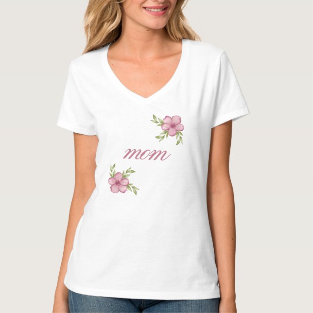 Mamma med Rosa Blommor Kvinnor i V-Nacke T Shirt (Framsida)