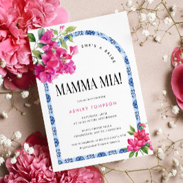 Mamma Mia Blommigt Blue Tile Möhippa Inbjudningar