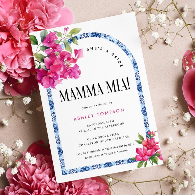Mamma Mia Blommigt Blue Tile Möhippa Inbjudningar (Skapare uppladdad)