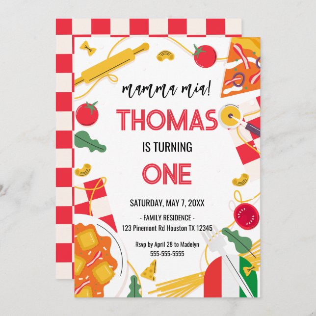 mamma mia! Italian Birthday Party Invitation Inbjudningar (Fram/baksida)
