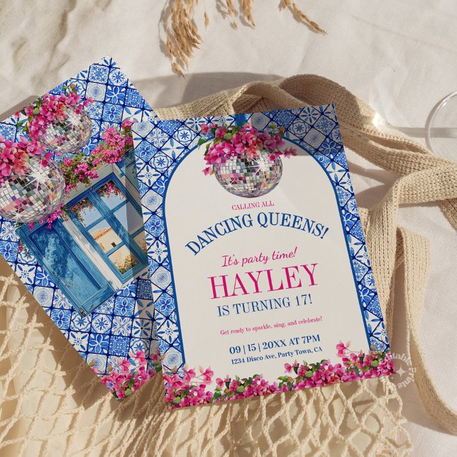 Mamma Mia Mediterranean Dancing Queen Birthday Inbjudningar (Mamma Mia Mediterranean Dancing Queen 17 Birthday Invitation)
