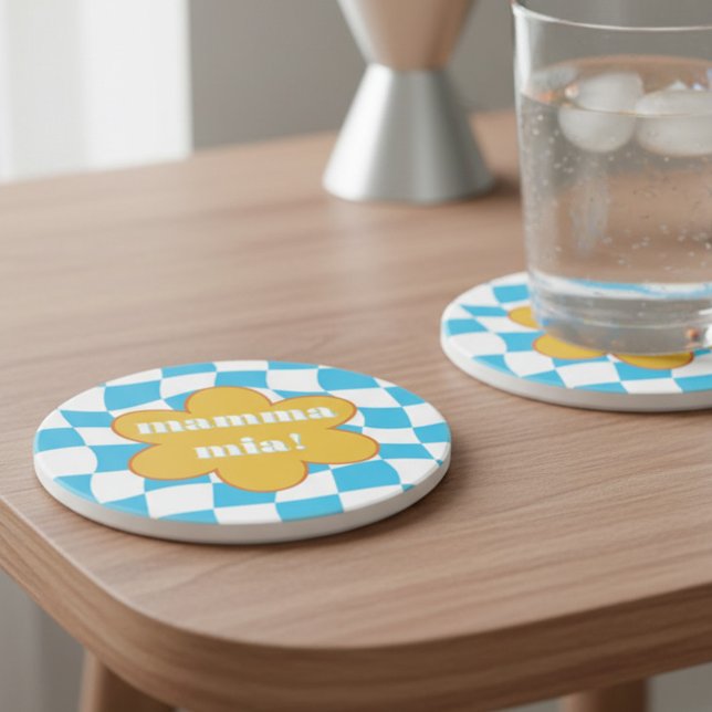 Mamma Mia Retro Groovy Blue Yellow Dopamine Decor Underlägg (70s aesthetic mamma mia blue and yellow coaster by Darling & May)