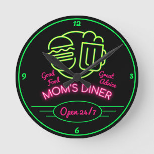 Mamma Middag Open 24/7 Retro Fifties Neon Effect Rund Klocka