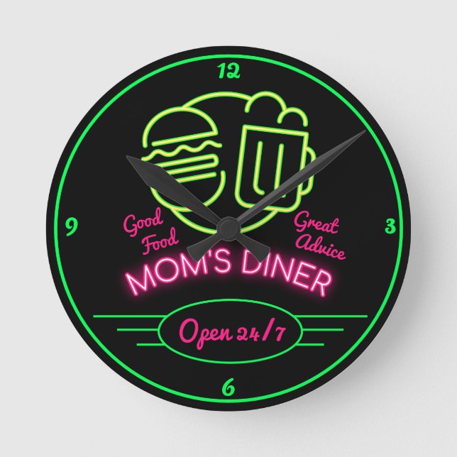 Mamma Middag Open 24/7 Retro Fifties Neon Effect Rund Klocka (Framsida)
