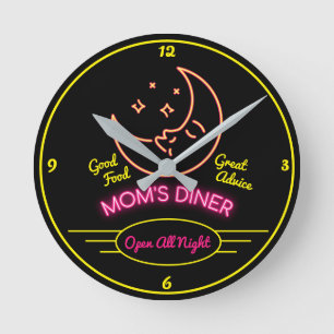Mamma Middag Open All Nght Retro 50's Neon Effect Rund Klocka