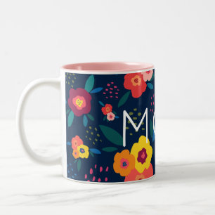 Mamma Modern Blommigt i blå och koral Två-Tonad Mugg