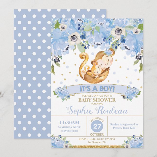 Mamma Monkey och Baby Monkey Baby Shower Pojke Inbjudningar (Fram/baksida)