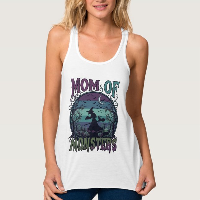 Mamma Monster Halloween Häxa Måne Pumpa Gravplats Linne Med Racerback (Framsida)