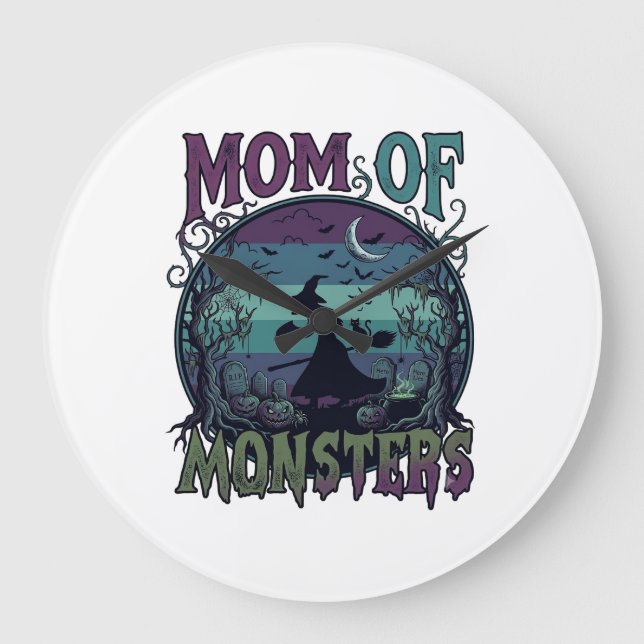 Mamma Monster Halloween Häxa Måne Pumpa Gravplats Stor Klocka (Framsida)
