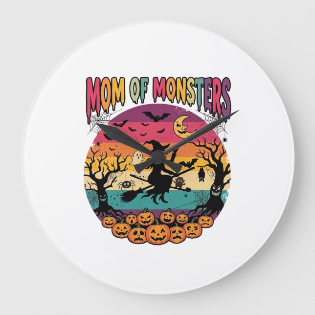 Mamma monster Halloween häxa pumpor fladdermöss_1 Stor Klocka (Framsida)