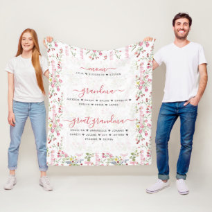 Mamma Mormor & Gammelmormor med namn Blommig Fleecefilt
