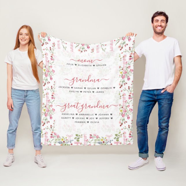 Mamma Mormor & Gammelmormor med namn Blommig Fleecefilt (På plats)
