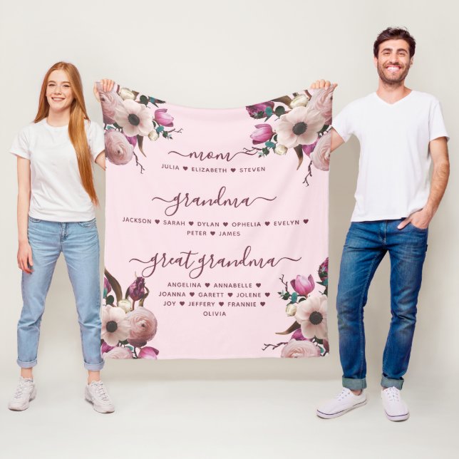 Mamma Mormor & Gammelmormor med namn Blommig Fleecefilt (På plats)