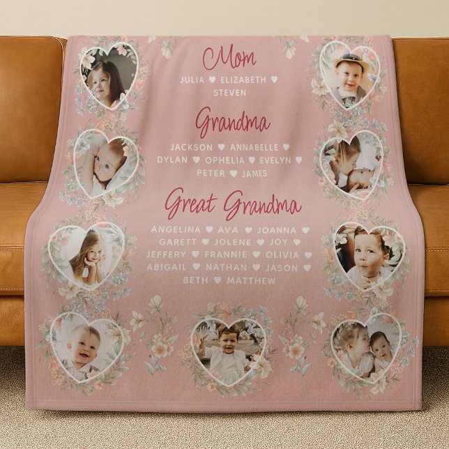 Mamma Mormor & Gammelmormor med namn Blommig Fleecefilt (Skapare uppladdad)