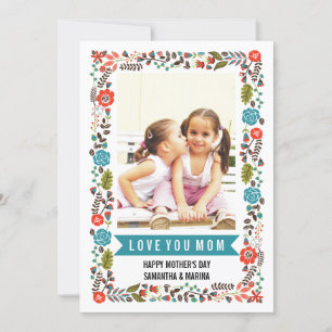 Mamma, Mors dag teorifoto och rött blommigt Kort