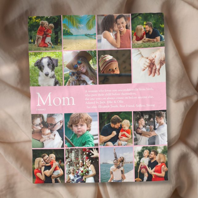 Mamma Morsa Mamma Definition 16 Photo Collage Rosa Fleecefilt (Mom Mum Mama Definition 16 Photo Collage Pink Fleece Blanket)