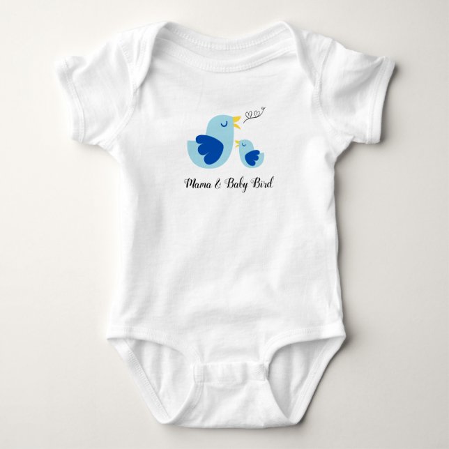 Mamma och Baby Bird Singing, Cute Blue Feather Bir T Shirt (Framsida)