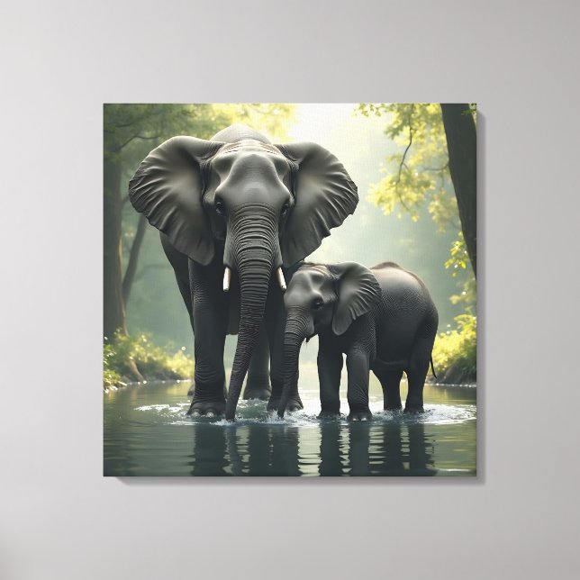 Mamma och Baby Elephant i African-Rainforest Canvastryck (Framsida)