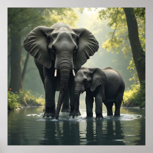 Mamma och Baby Elephant i African-Rainforest Poster
