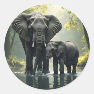 Mamma och Baby Elephant i African-Rainforest Runt Klistermärke