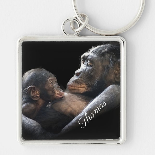 Mamma och Baby Gorilla Fyrkantig Silverfärgad Nyckelring (Framsidan)