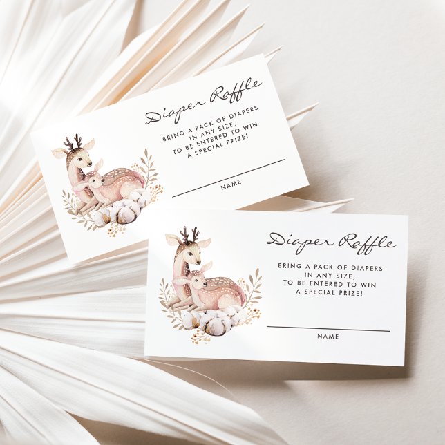 Mamma och Baby Hjort Woodland Diaper Raffle Card Visitkort (Woodland theme diaper raffle card featuring watercolor mommy and baby deer and boho wreath.)