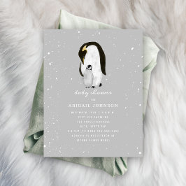 Mamma och Baby Penguin Neutralt Grått Baby Shower Inbjudningar