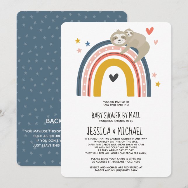 Mamma och Baby Sloth Rainbow | Barnskor efter post Inbjudningar (Fram/baksida)