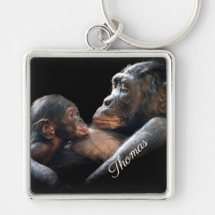 Mamma- och babygorilla fyrkantig silverfärgad nyckelring