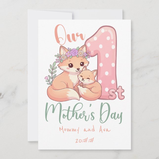Mamma och babyräv rosa första mors dag anteckningskort (Framsida)