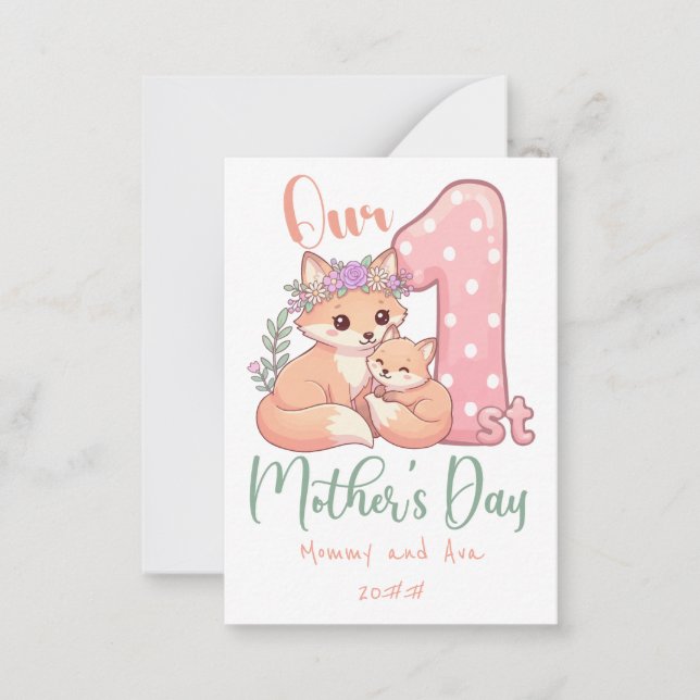 Mamma och babyräv rosa första mors dag anteckningskort (Framsida)