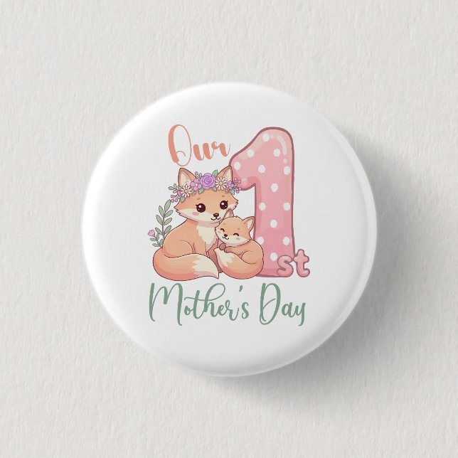 Mamma och babyräv rosa första mors dag knapp (Framsida)