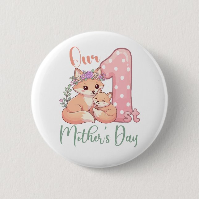 Mamma och babyräv rosa första mors dag knapp (Framsida)