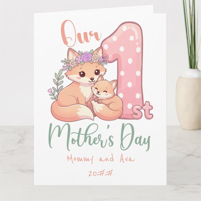 Mamma och babyräv rosa första mors dag kort (Framsida)