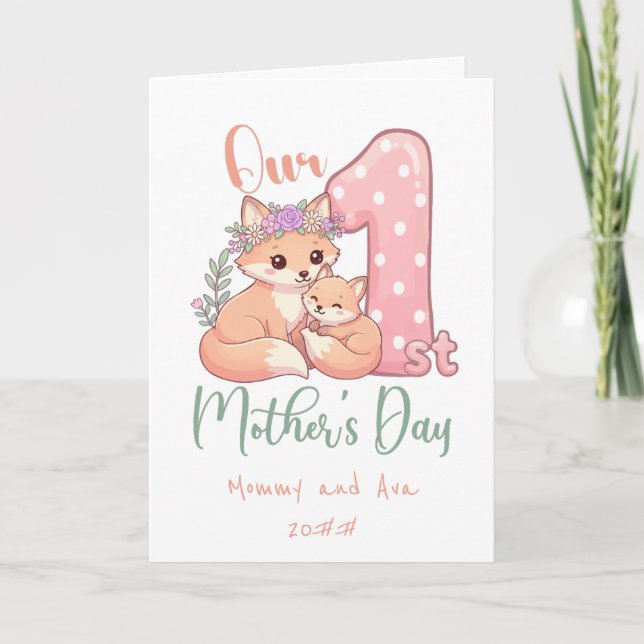 Mamma och babyräv rosa första mors dag kort (Framsida)