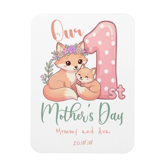 Mamma och babyräv rosa första mors dag magnet (Vertikal)