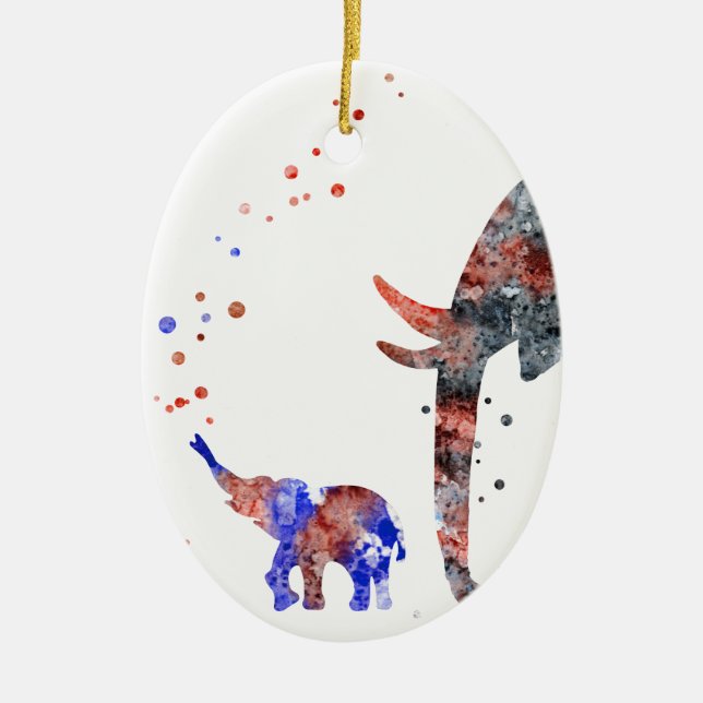 Mamma och bebis elefant, elefantfamilj julgransprydnad keramik (Framsidan)