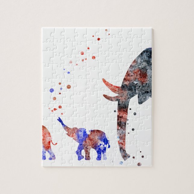 Mamma och bebis elefant, elefantfamilj pussel (Vertikal)
