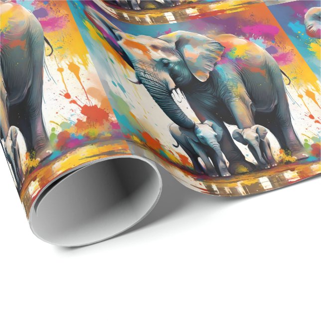 Mamma Och Bebis Elefanter Färg Splash, Presentpapper (Rullad Hörn)