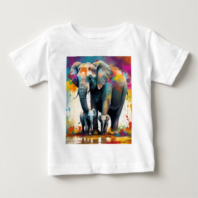 Mamma Och Bebis Elefanter Färg Splash, T Shirt (Framsida)