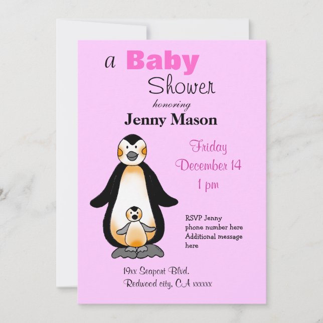 Mamma- och bebispingvin, baby shower inbjudningar (Framsida)