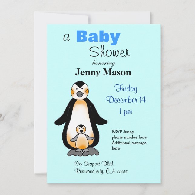 Mamma- och bebispingvin, baby shower inbjudningar (Framsida)