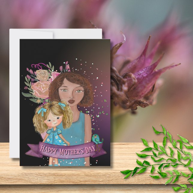 Mamma och Dotter Illustration med blommor Julkort (Mom and Daughter Illustration with Flowers Holiday Card)
