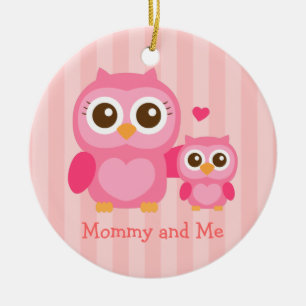 Mamma och jag, söt babyuggla, rosa julgransprydnad keramik