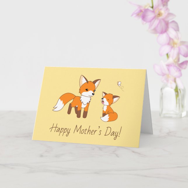 Mamma och Kit Fox Mor Dag Gult Blank Kort (Orkide)