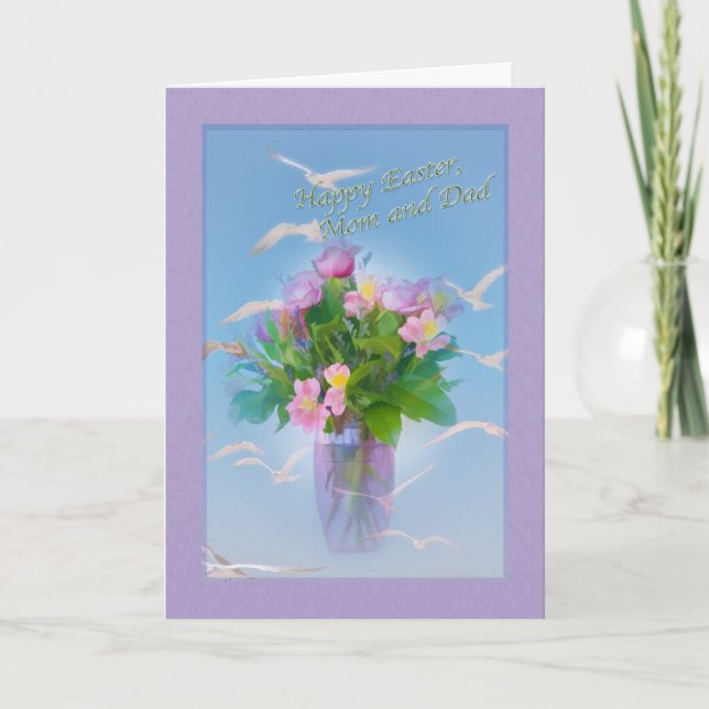 Mamma- och pappa påskkort med blommor och fåglar helgkort (Framsida)