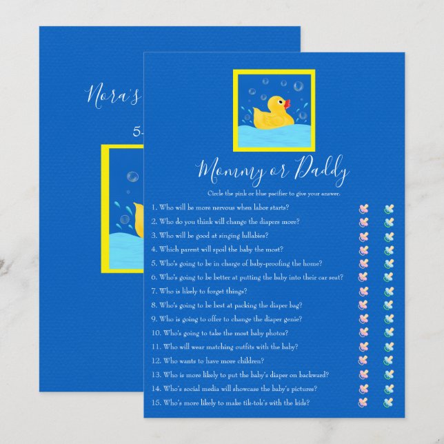 Mamma och pappa Rubber Ducky Baby Shower Game Inbjudningar (Fram/baksida)