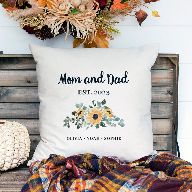 Mamma och Pappa | Rustic Solros och Namn Kudde (A pretty, rustic pillow keepsake for your mom and dad)