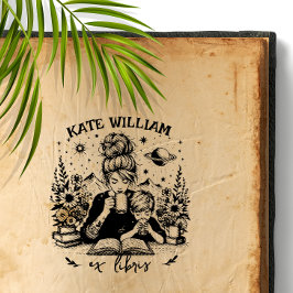 Mamma och son med bok Anpassad ex libris Självfärgande Stämpel