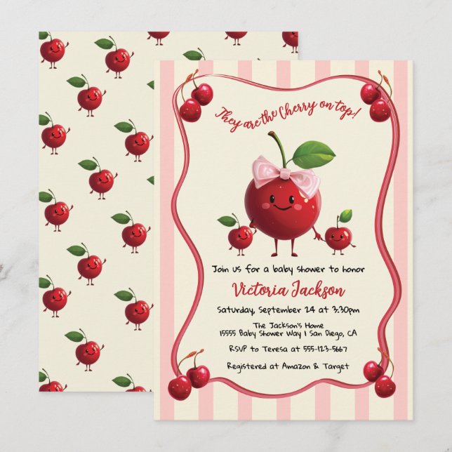 Mamma- och tvillingpojkar Baby Cherry Baby Shower Inbjudningar (Fram/baksida)